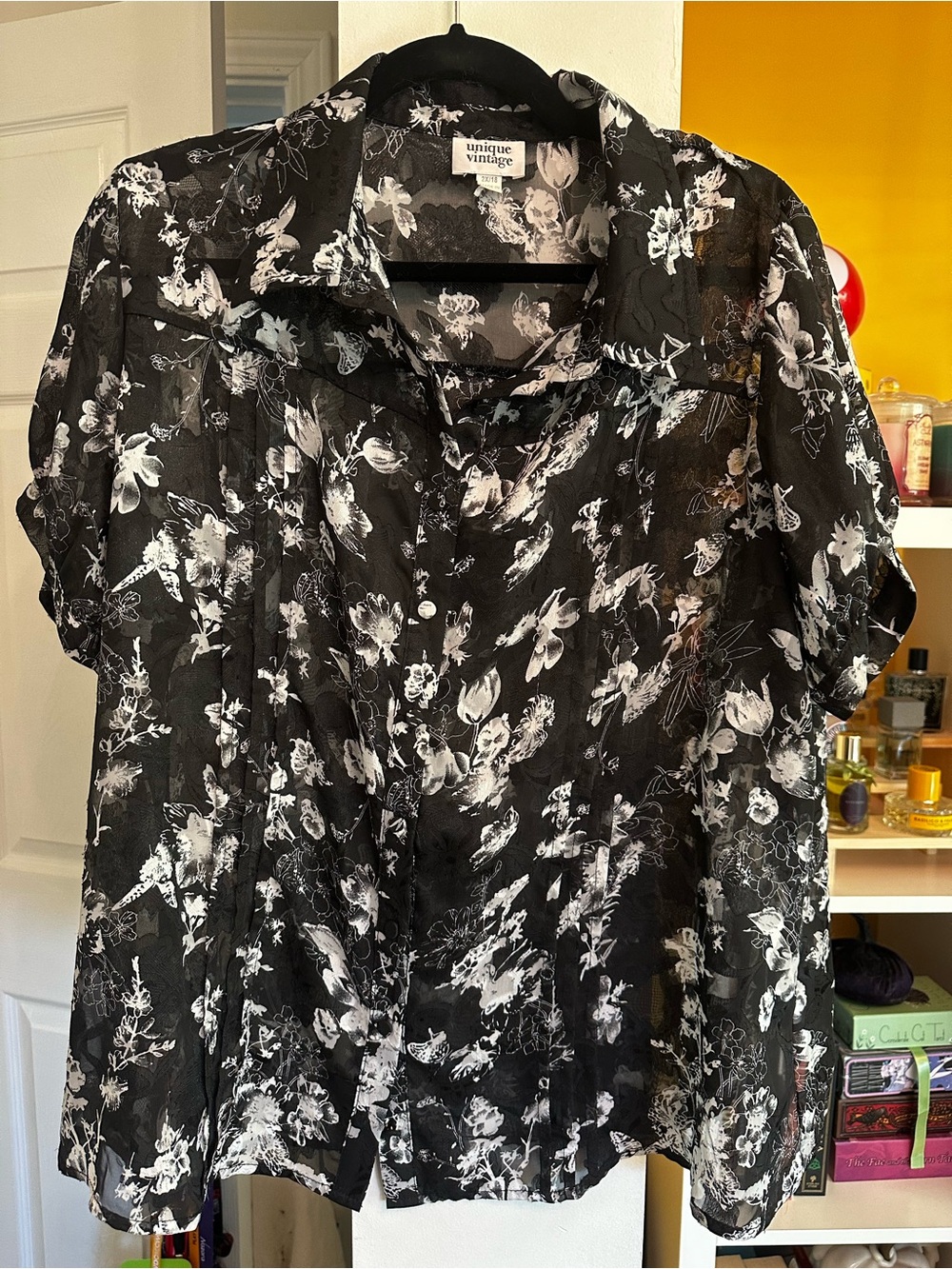 Unique Vintage Black Sheer Floral Button-Up Shirt